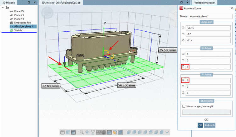 Ursprüngliches Koordinatenkreuz und neu orientiertes Koordinatenkreuz des Anfügepunktes
