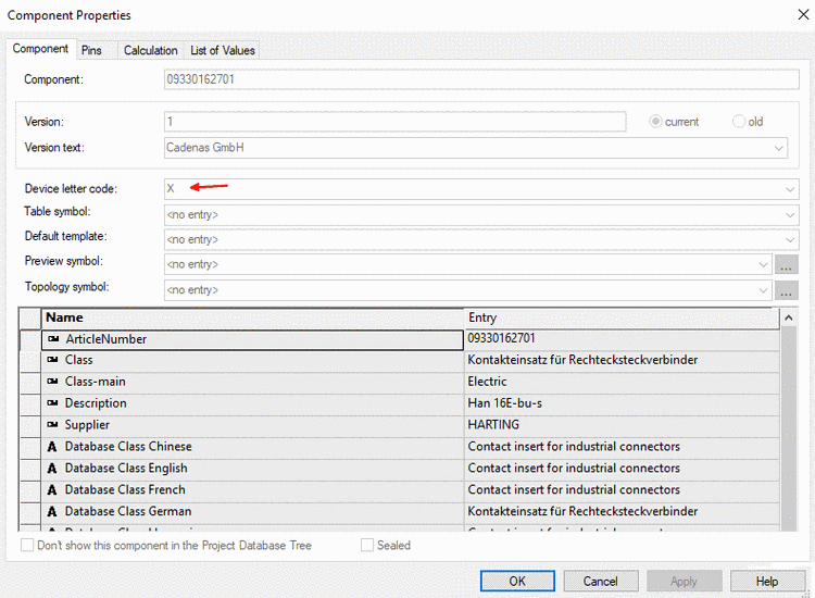 Component Properties - Device letter code und weitere Eigenschaften