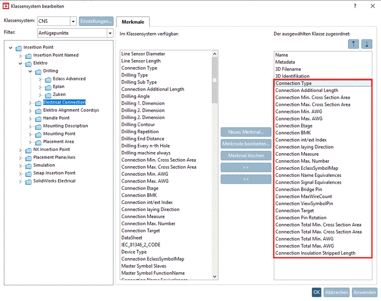 Klassensystem CNS -> Filter Anfügepunkte -> Insertion Point -> Elektro -> Electrical Connection