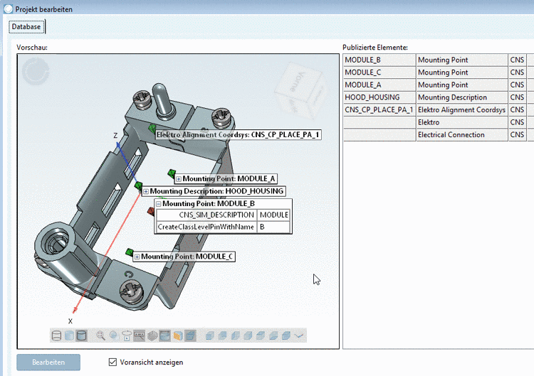 Label in der 3D-Ansicht in PARTproject: <Klassenname> (hier Mounting Point):<Wert von Merkmal "Description">