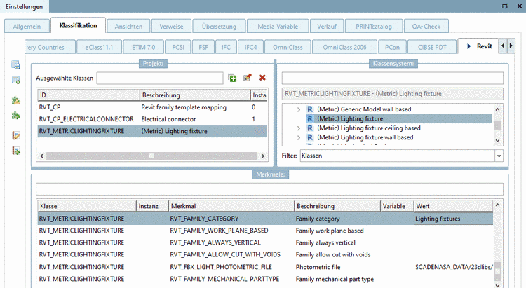 Die Abbildung zeigt die Merkmale der Revit-Klasse "(Metric) Lighting fixture" (Leuchten)