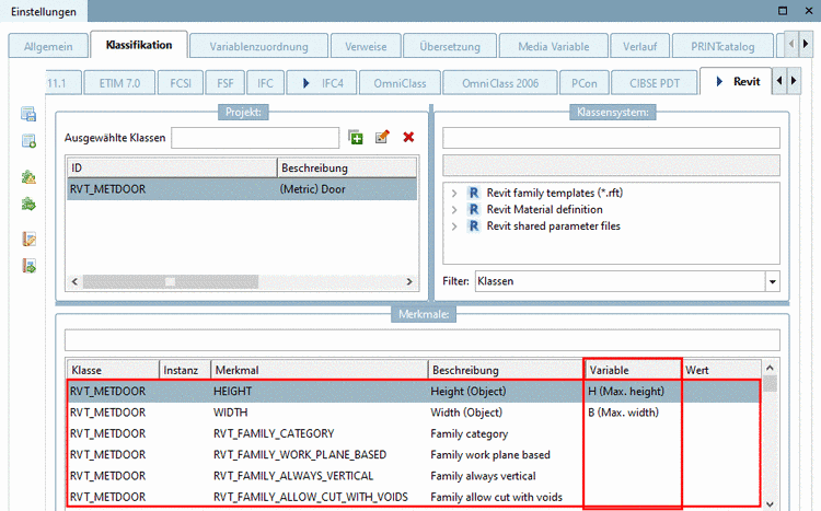 Die Abbildung zeigt die Merkmale der Revit-Klasse "(Metric) Door" (Türen)
