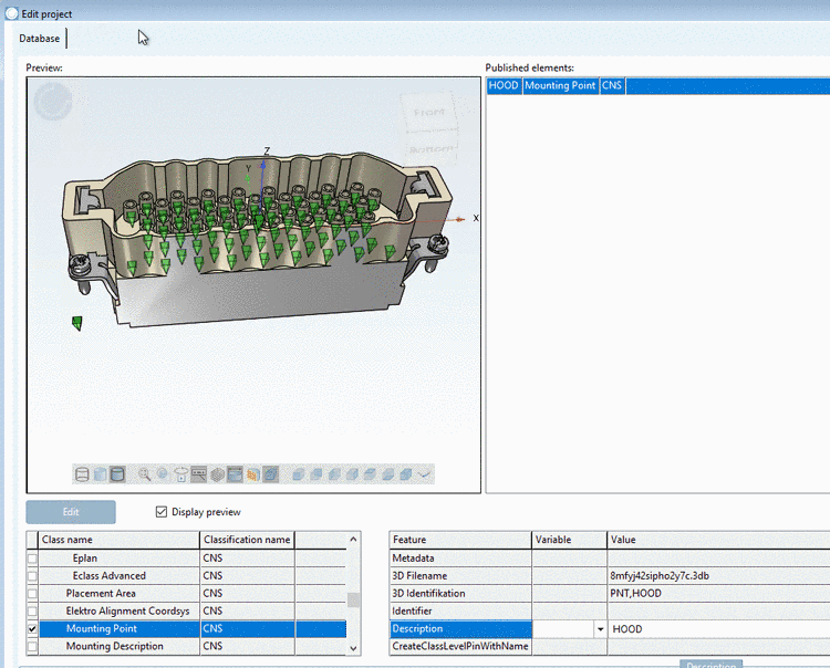 Die Abbildung zeigt beispielhaft den Wert "HOOD" beim Merkmal "Description". Grundsätzlich ist der Name frei wählbar, achten Sie aber auf sinnvolle Namensgebungen.