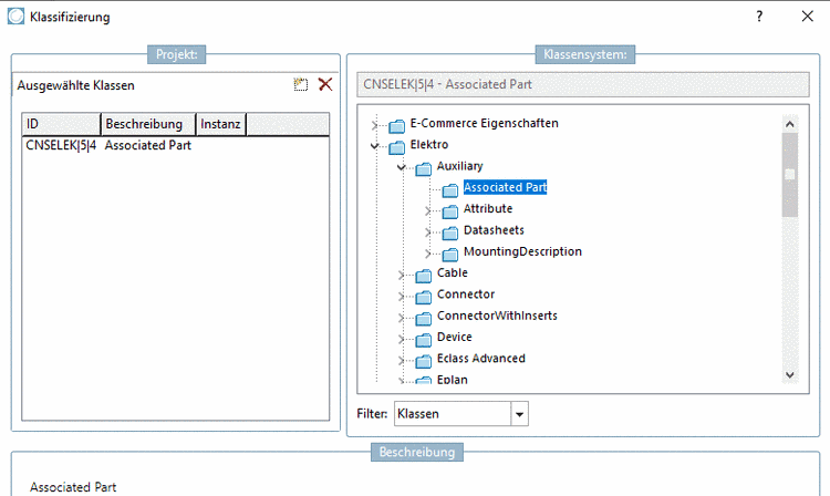 Dialogfenster Klassifizierung -> Klasse "CNSELEK|5|4" - Beschreibung "Associated Part"