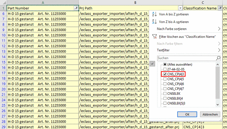 "Classification Name" filtern - hier beispielhaft "CNS_CP|4|3"