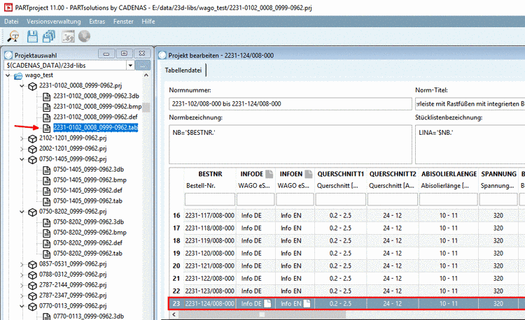 Bei dem hier verwendeten Wago-Stecker werden bei Zeile 23 alle Anfügepunkte angezeigt.