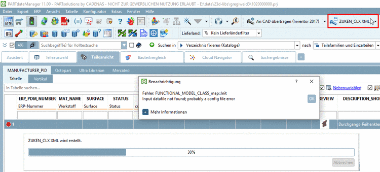 Entsprechende Fehlermeldung beim Export von ZUKEN_CLX_XML, falls obige Dateien nicht gefunden werden.