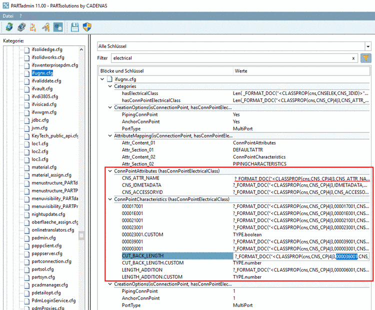 Beispiel: Mapping zwischen NX-Merkmal "CUT_BACK_LENGTH" und PSOL-Merkmal "000036001"