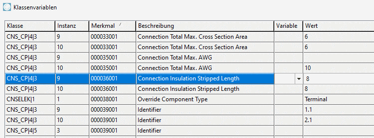 Beispiel: Das NX-Merkmal "CUT_BACK_LENGTH" entspricht dem PSOL-Merkmal "000036001" (Connection Insulation Stripped Length)