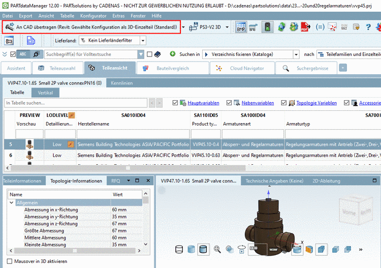 Export z.B. mit "An CAD übertragen (Revit: Gewählte Konfiguration als 3D-Einzelteil (Standard))"