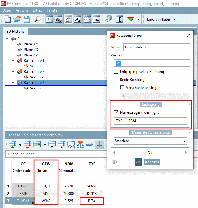 In der Sachmerkmalstabelle wird der Gewindetyp über Bedingungen gesteuert.