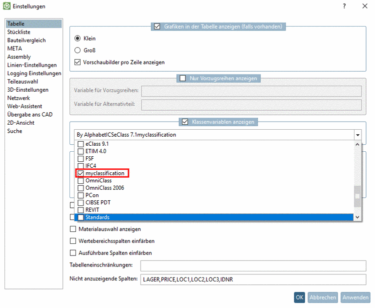 PARTdataManager -> Extras -> Einstellungen... -> Tabelle -> Klassenvariablen anzeigen