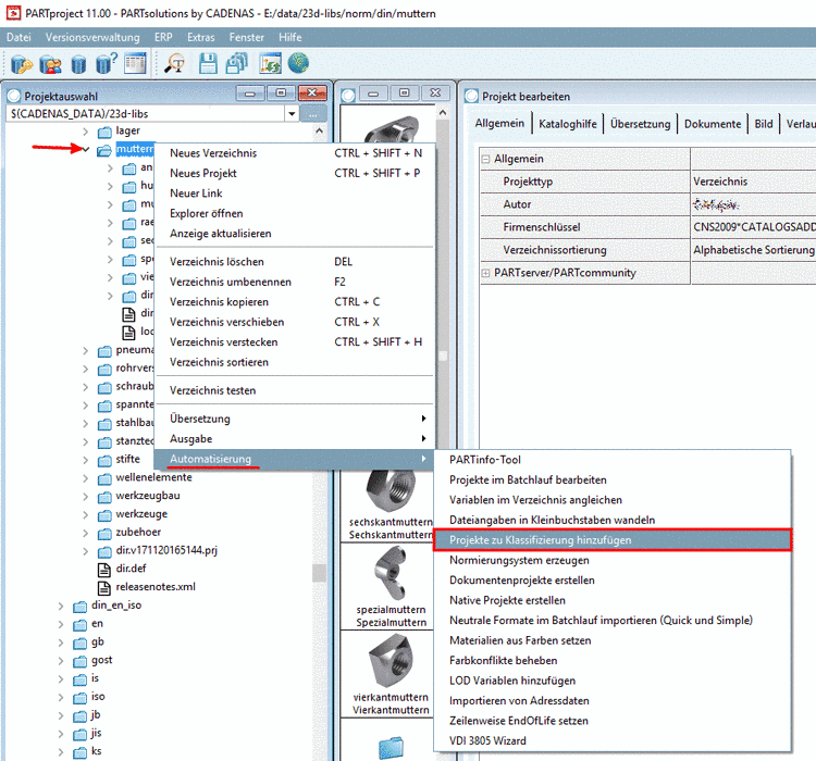 Kontextmenü: Automatisierung -> Projekte zu Klassifizierung hinzufügen