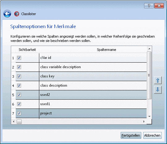 Spaltenoptionen für Merkmale