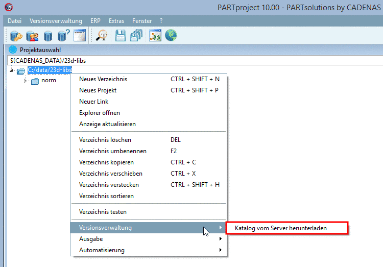 Kontextmenü auf 23d-libs-Ebene
