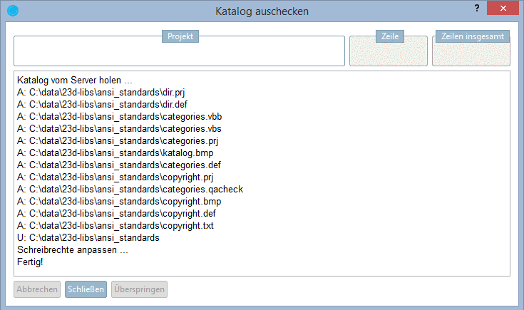 Dialogfenster "Katalog auschecken"