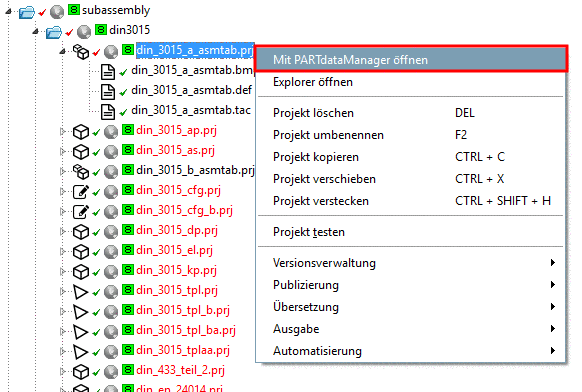 PARTproject: Kontextmenübefehl "Mit PARTdataManager öffnen"