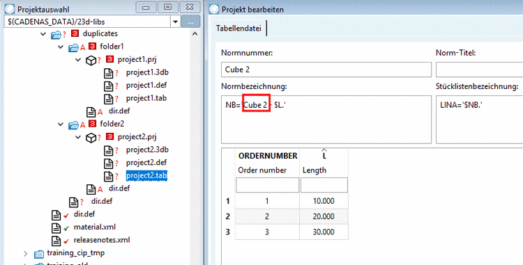 Bei Projekt 2 den fixen Wert "Cube 1" auf "Cube 2" umbenannt
