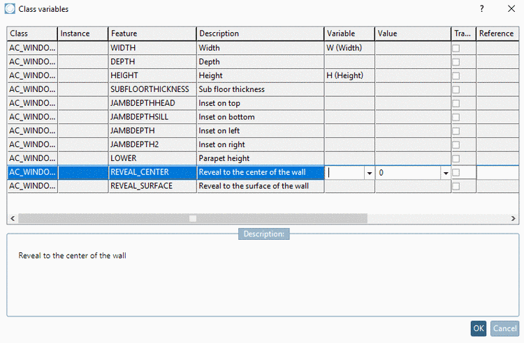 "Class variables" Dialogfenster
