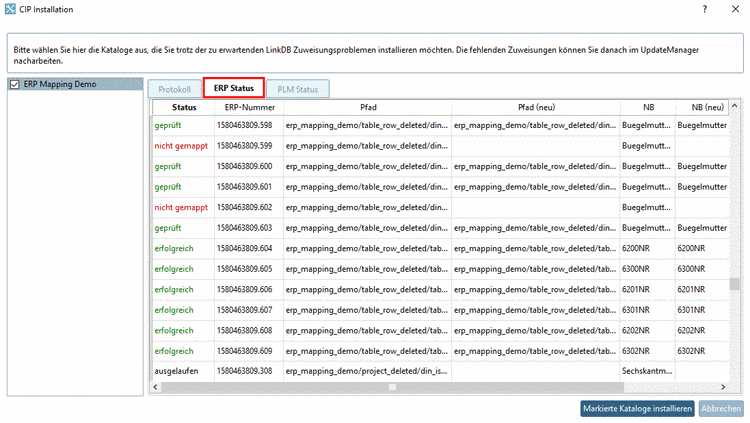 Dialogfenster "CIP Installation" -> Registerseite "ERP Status"