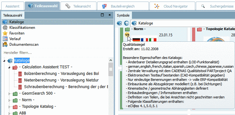 Beispiel: Qualitätssiegel angezeigt auf der Registerseite "Symbole"