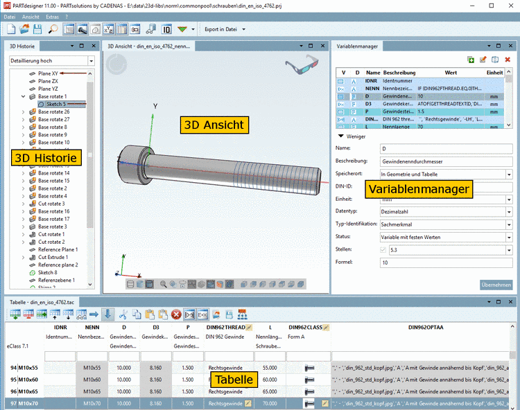 PARTdesigner mit 3D Historie, 3D Ansicht, Variablenmanager und Tabelle