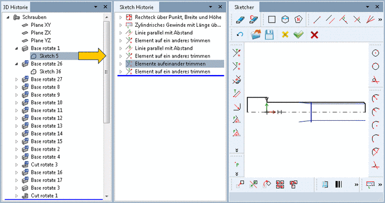 Aufruf des Sketchers über die 3D Historie