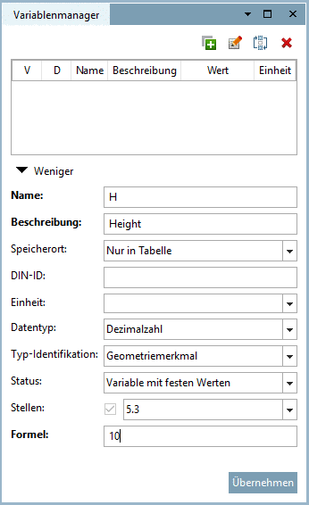 Hier im Beispiel wurde H (Height) mit Wert 10 eingetragen.