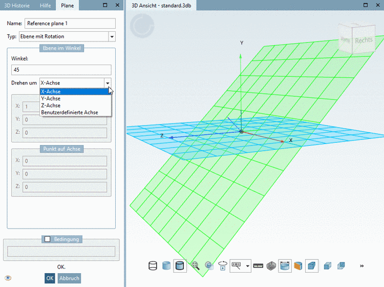 Die Abbildung zeigt, wie die Ausgangsebene ZX mit 45° um die X-Achse gedreht wurde.