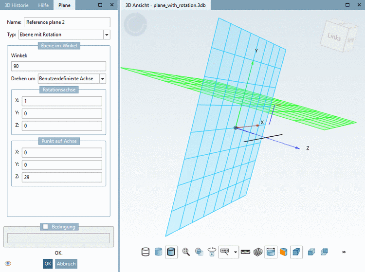 Beispiel: Basis-Ebene XY rotiert um die X-Achse und verschoben in Richtung Z-Achse