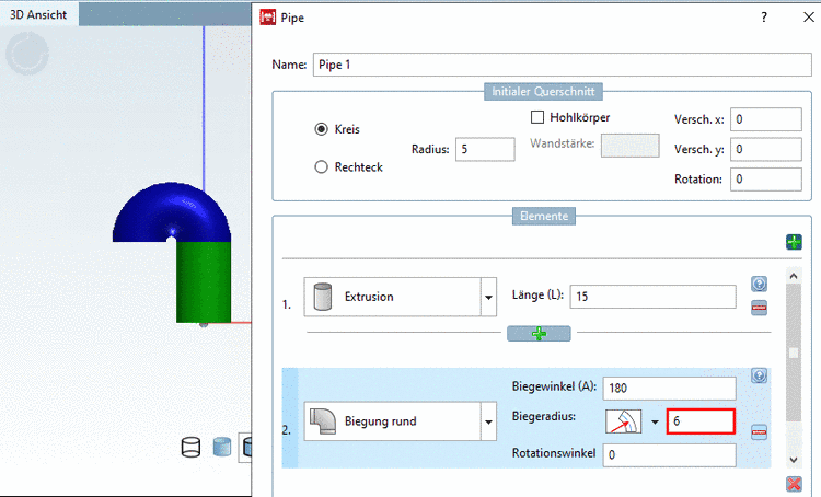 Biegeradius 6 bei einem Biegewinkel von 180°