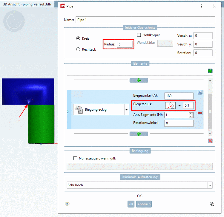 Biegeradius etwas größer als Kreisradius