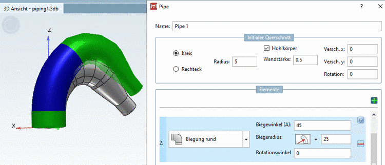 Die Vorschau zeigt einen von 15 auf 25 veränderten Biegeradius