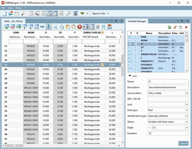 PARTdesigner: Tabellenansicht