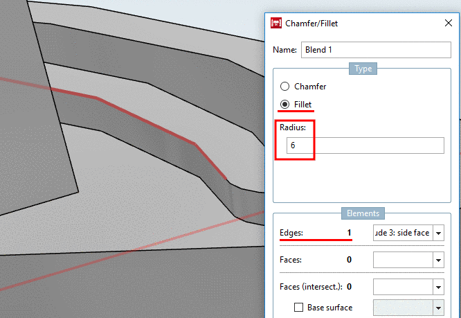 Kante selektiert und Radius 6 mm