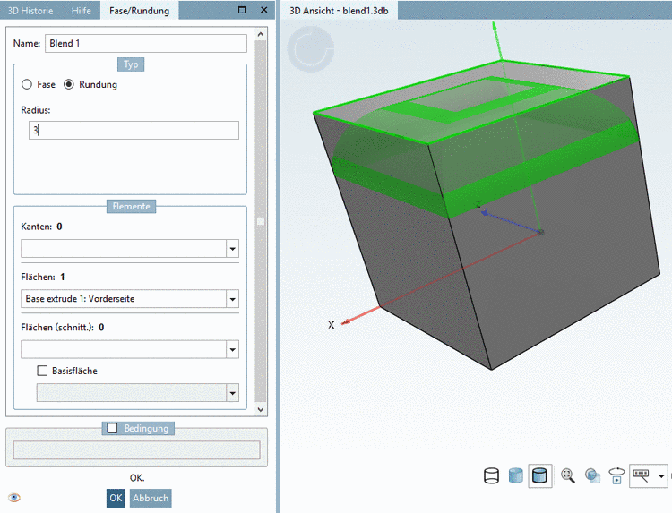 Dialogfenster Fase/Rundung: Hier beispielhaft mit Option "Rundung" und Radius = 2