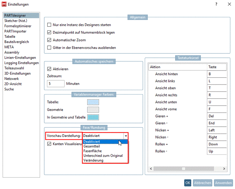 Einstellungsdialog öffnen via F10 oder alternativ via Extras Menü -> Einstellungen... -> PARTdesigner -> Fase/Rundung -> Vorschau Darstellung