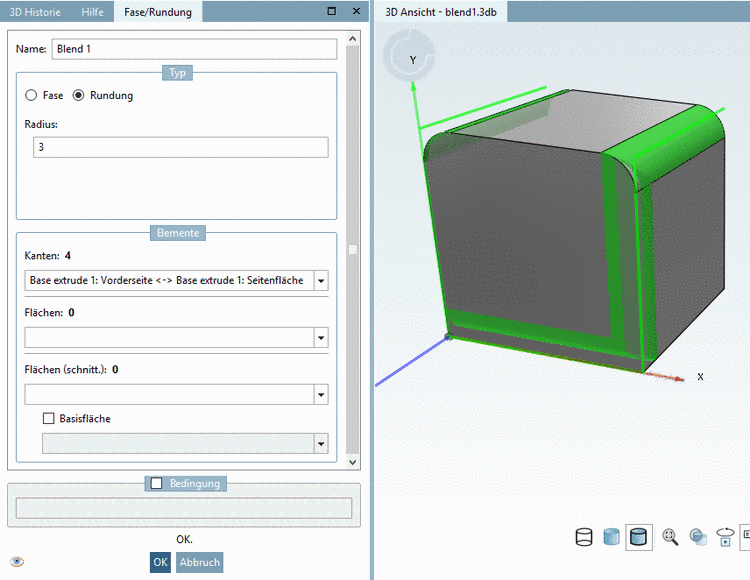 Vorschau mit Option "Fasenfläche": Die Abb. zeigt 2 bestätigte Kanten und 2 gerade editierte Kanten.