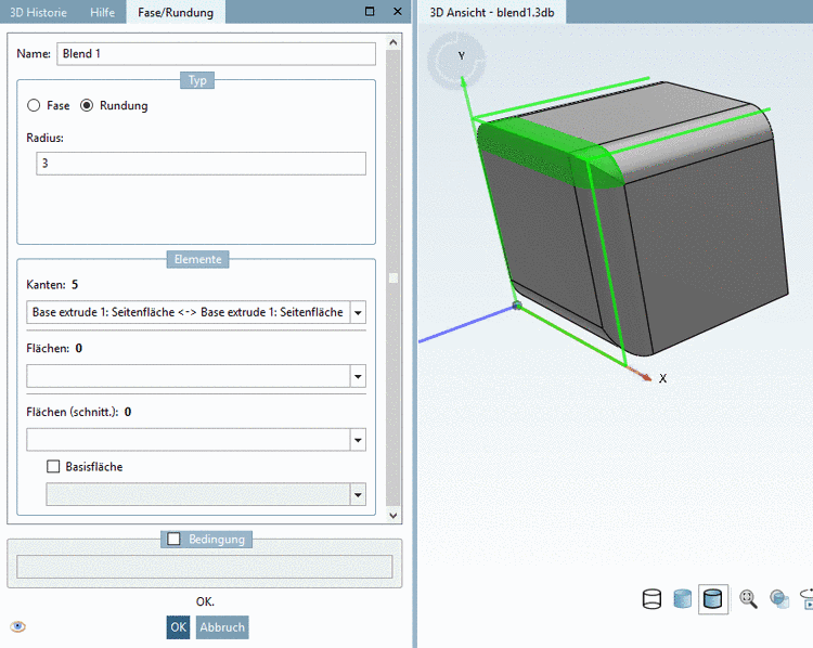 Vorschau mit Option "Veränderung" -- Eine Kante wird gerade editiert, mehrere andere sind bereits Teil des Blend und werden mit Kanten Visualisierung angezeigt.