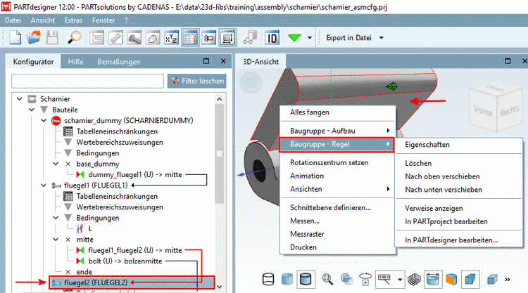 Einzelteil in Baugruppe selektiert -> Kontextmenübefehl "Baugruppe - Regel"