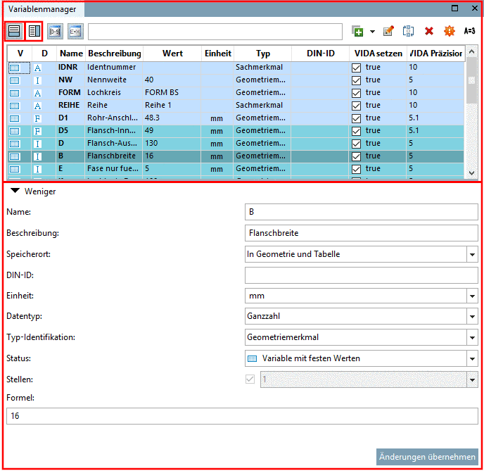 Tabelle oben | Editierbereich unten im Ansichtsmodus "Mehr"