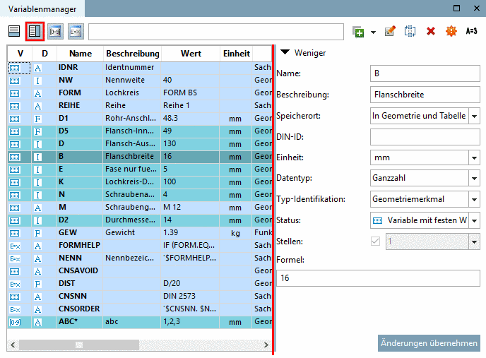 Tabelle links | Editierbereich rechts ( "Attribute rechts" im Ansichtsmodus "Mehr"