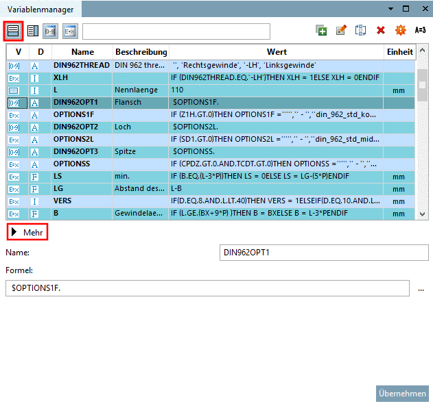 Beispiel: "Attribute unten" mit Ansichtsmodus "Weniger"