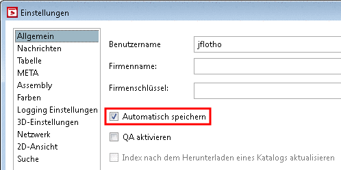 Dialogfenster "Einstellungen" Menüpunkt Allgemein -> Option "Automatisch speichern"
