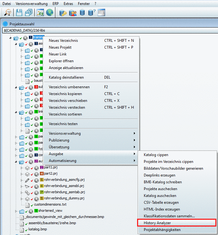 PARTproject -> Projektauswahl -> Kontextmenü -> Ausgabe -> History Analyzer