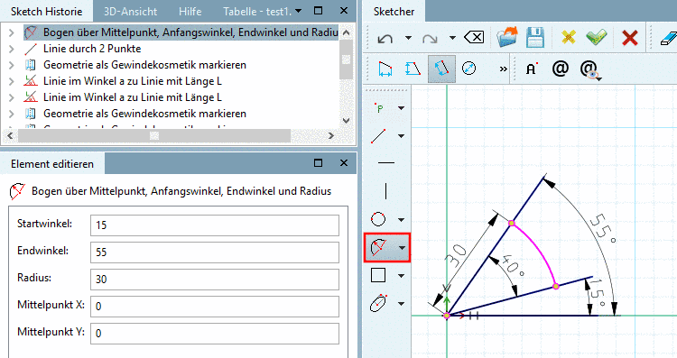Bogen über Mittelpunkt, Anfangswinkel, Endwinkel und Radius: Parameter anpassen