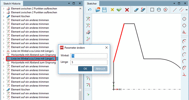 Parameter ändern: Kontextmenüaufruf über Konstruktionsschritt oder Zeichnungselement