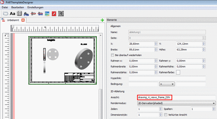 Beispiel: "3 Ansichten + Isometrie im Rahmen (DIN)"