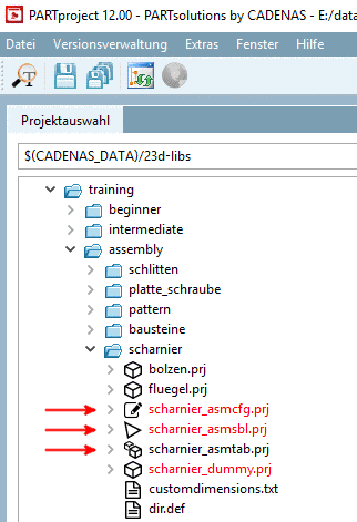 Konfiguration, Schablone und Assembly-Tabellenprojekt in PARTproject