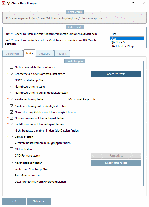 QA Check Einstellungen